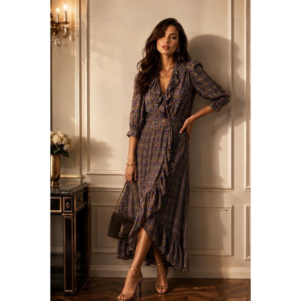 Mayle Silk Ruffle Wrap Midi Dress Brown Blue Plaid Size 4 Feminine Boho Luxury